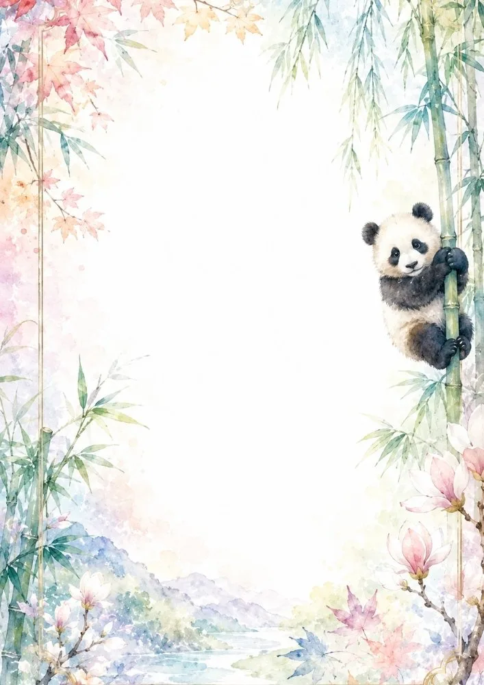 Panda eating bamboo with floral watercolor border.