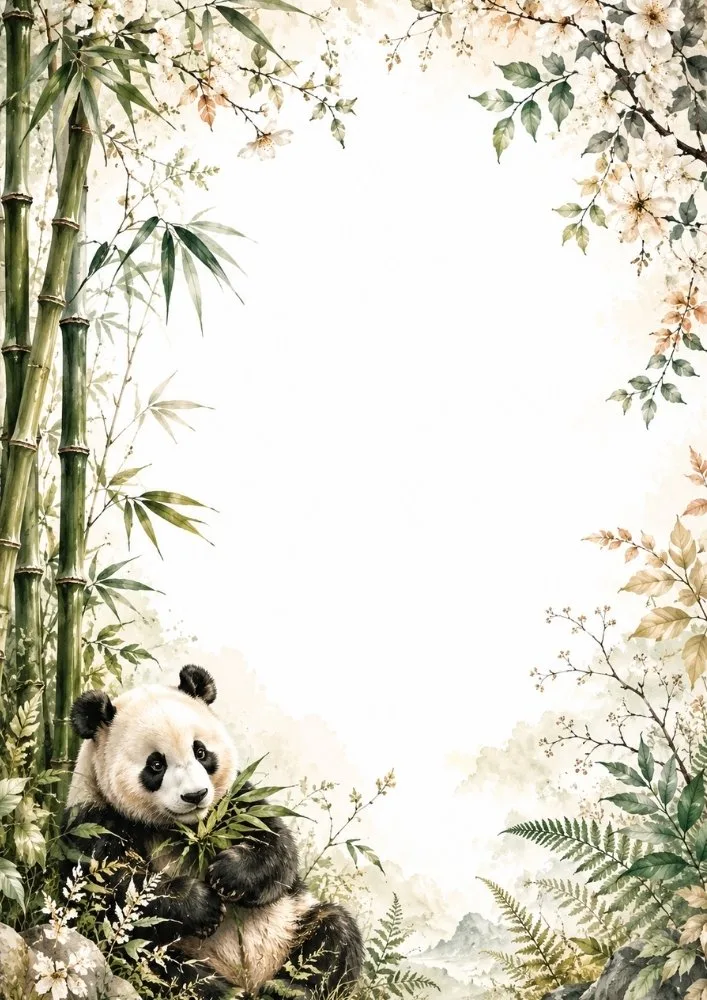 Panda resting in tree with watercolor floral frame.