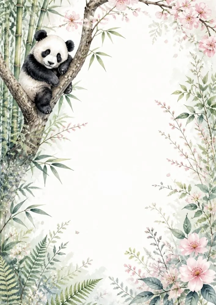 Panda climbing bamboo with magnolia flowers and watercolor landscape.