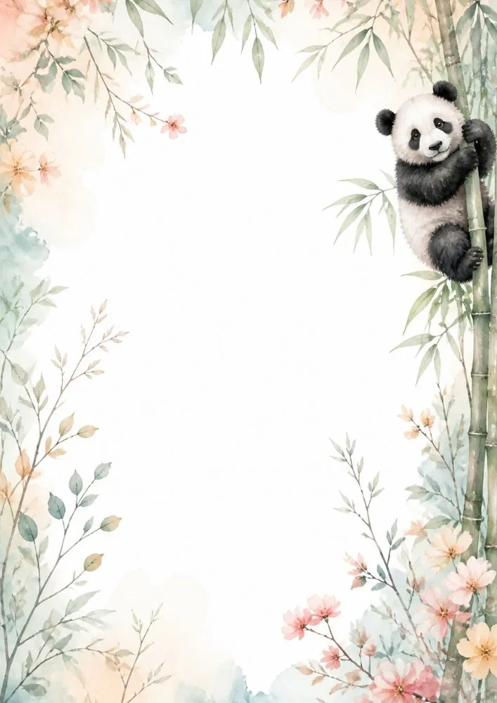 Panda eating bamboo surrounded by magnolia flowers and watercolor foliage.
