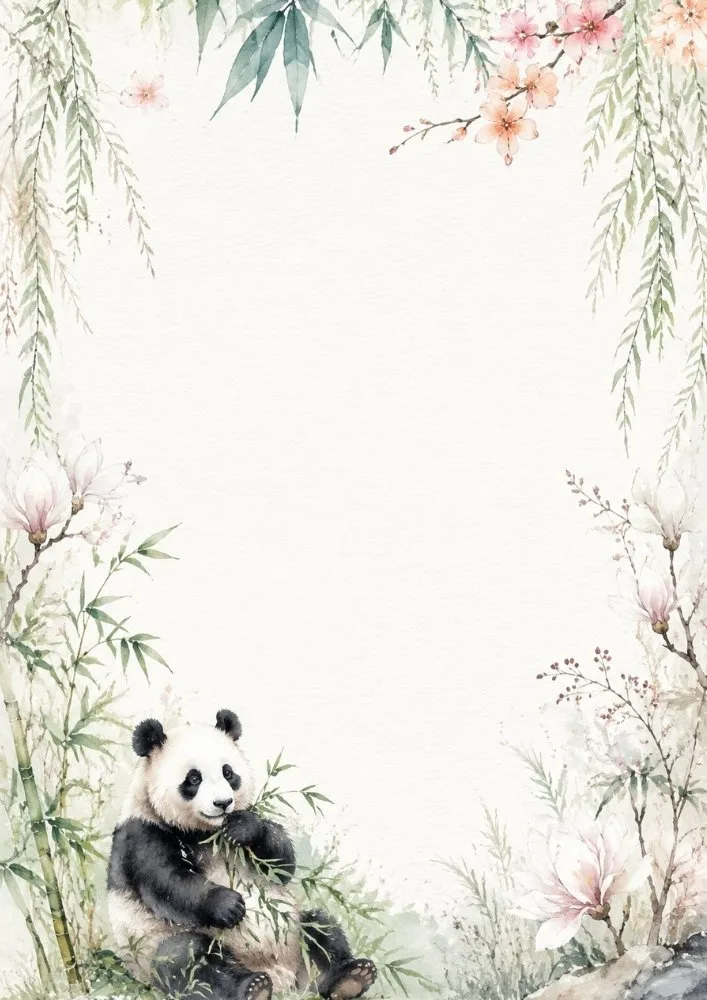 Panda sitting among bamboo and blossoms with watercolor border.