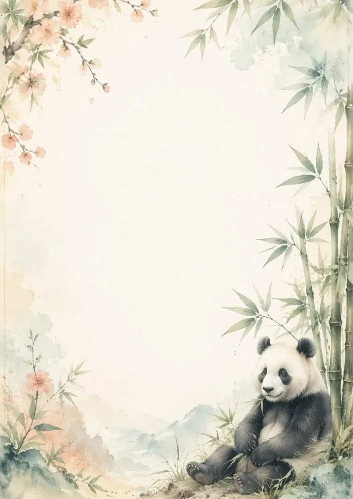 Sitting panda near bamboo surrounded by pastel flowers and watercolor foliage.