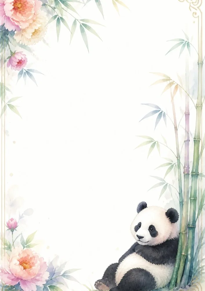 Panda sitting by bamboo with soft floral watercolor border.