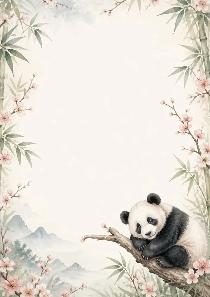 Panda resting on tree branch with cherry blossoms and watercolor landscape.