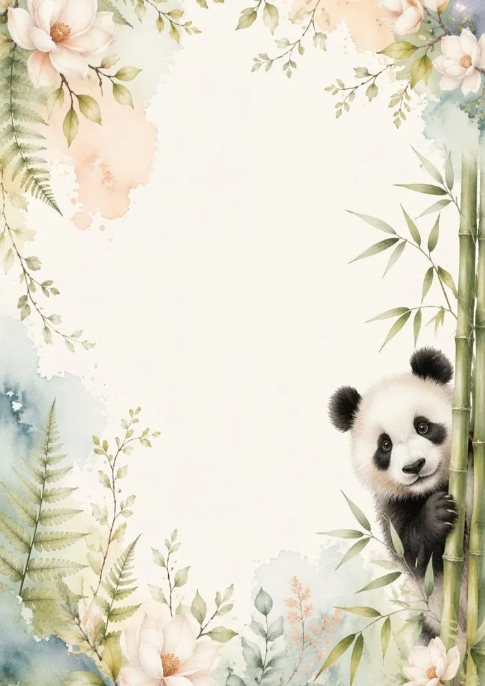 Panda peeking through bamboo with watercolor flowers and foliage.