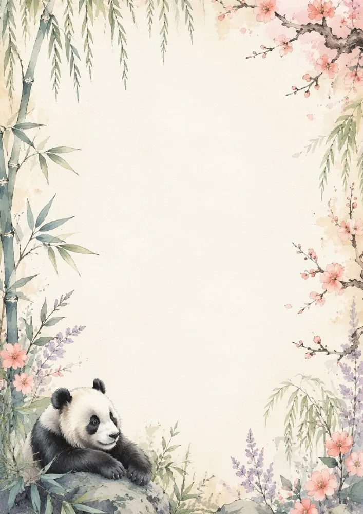 Panda resting on rock with bamboo and floral watercolor frame.