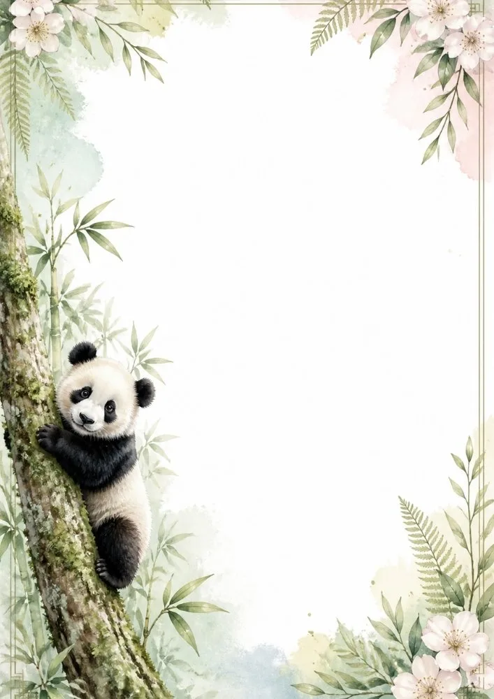 Panda climbing tree with watercolor floral border and open space.