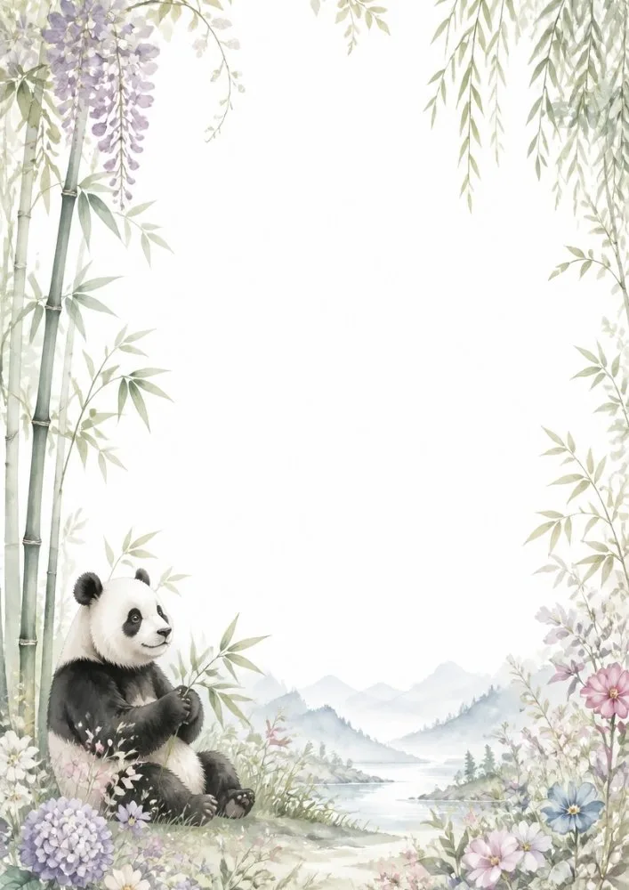 Panda in floral meadow with bamboo and watercolor mountain landscape.