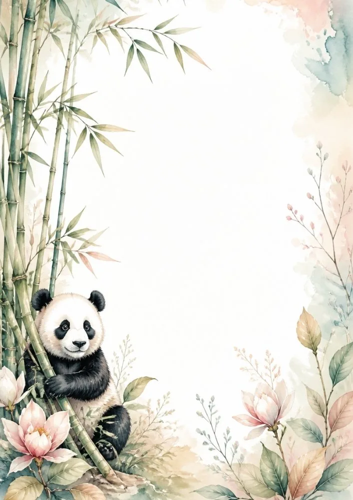 Panda peeking from bamboo with pastel floral watercolor border.
