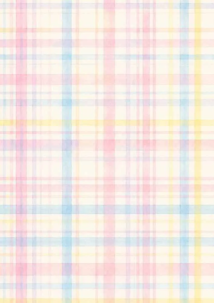 Pastel plaid pattern with pink, blue, and yellow lines.
