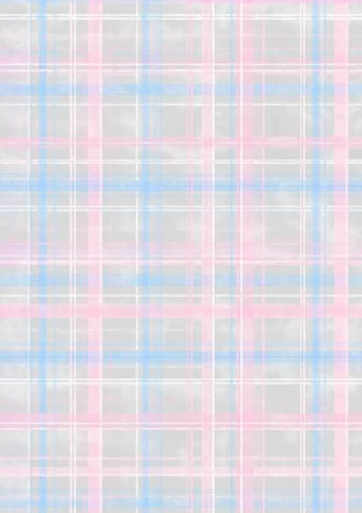 Gray plaid with pink and blue watercolor lines.