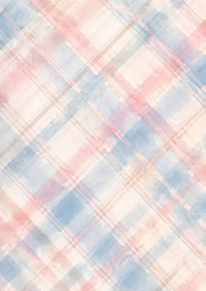 Diagonal pastel plaid with pink and blue watercolor lines.