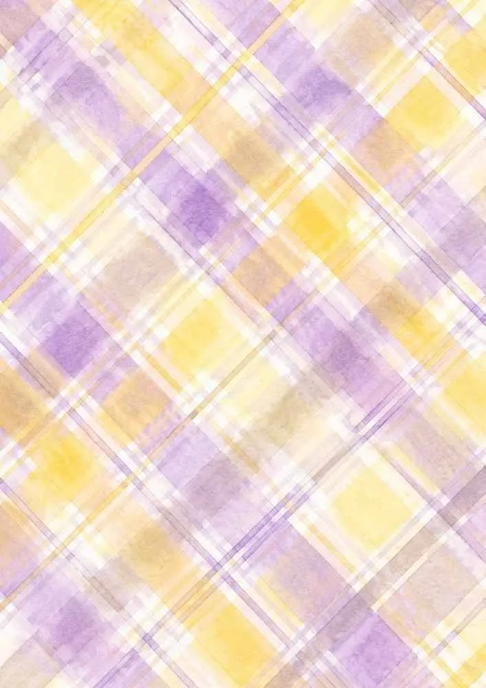 Diagonal plaid with purple and yellow watercolor lines.