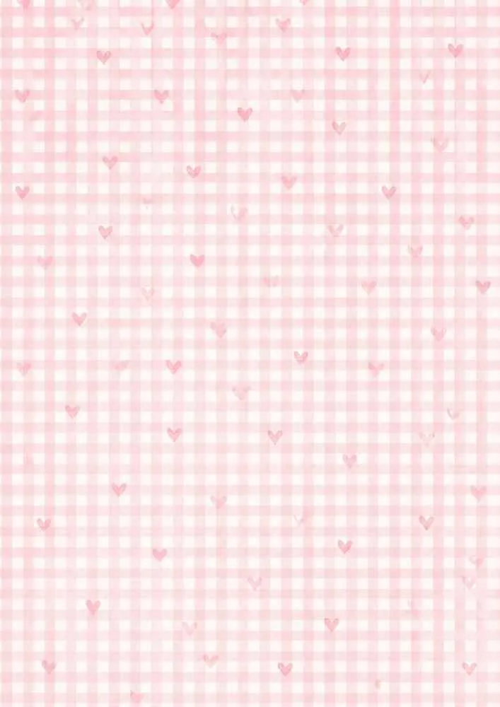 Pink gingham pattern with small watercolor hearts.