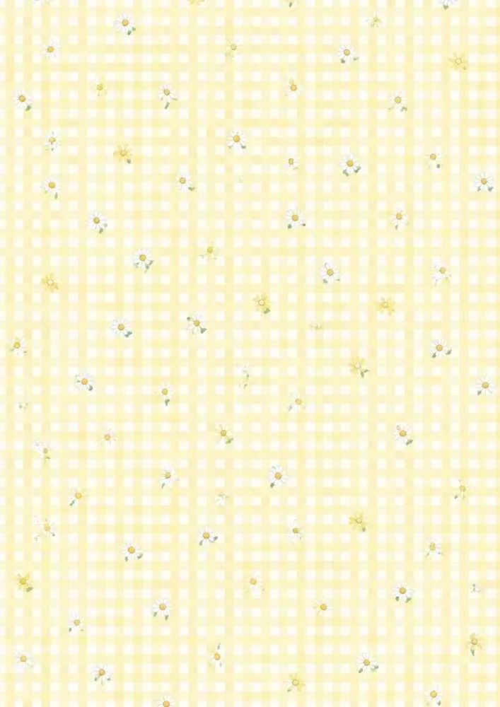 Yellow gingham pattern with small white daisies scattered across the page.