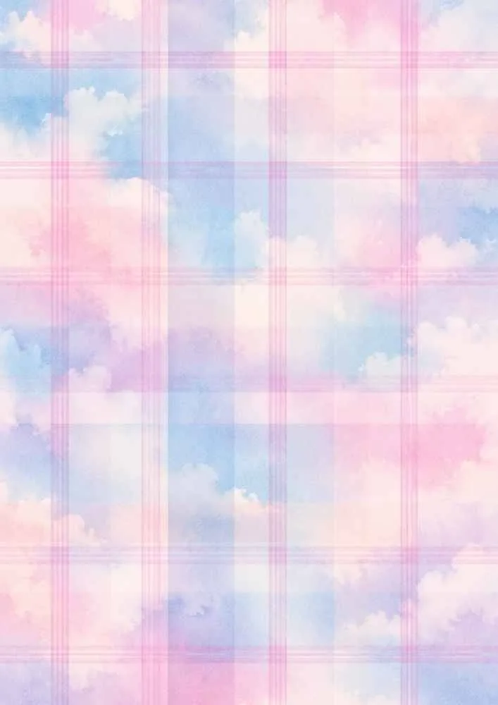Pastel pink and blue clouds behind a soft plaid pattern.