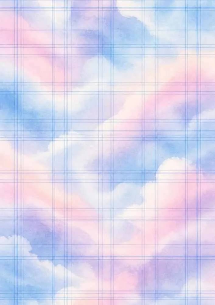 Blue and pink clouds with a thin plaid grid overlay.