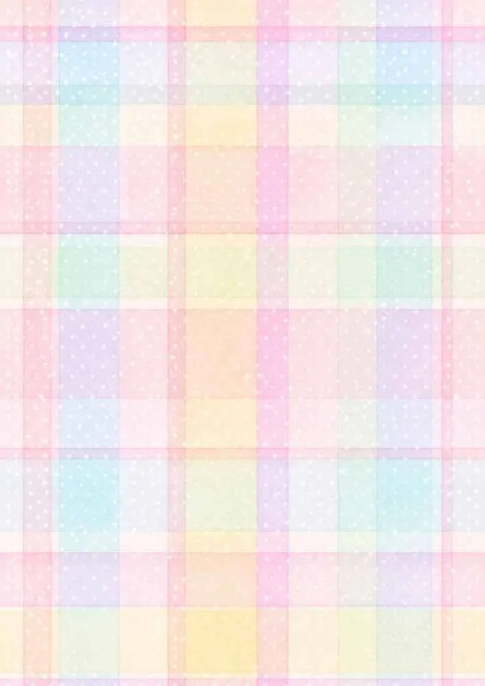Pastel plaid pattern with small white polka dots.