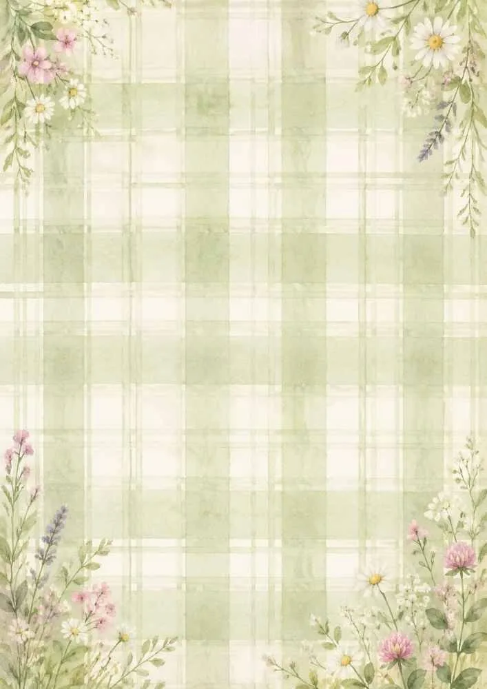 Green plaid background with floral corner decorations.