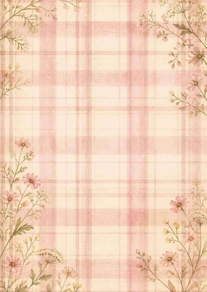 Pink plaid background with flowers decorating the corners.