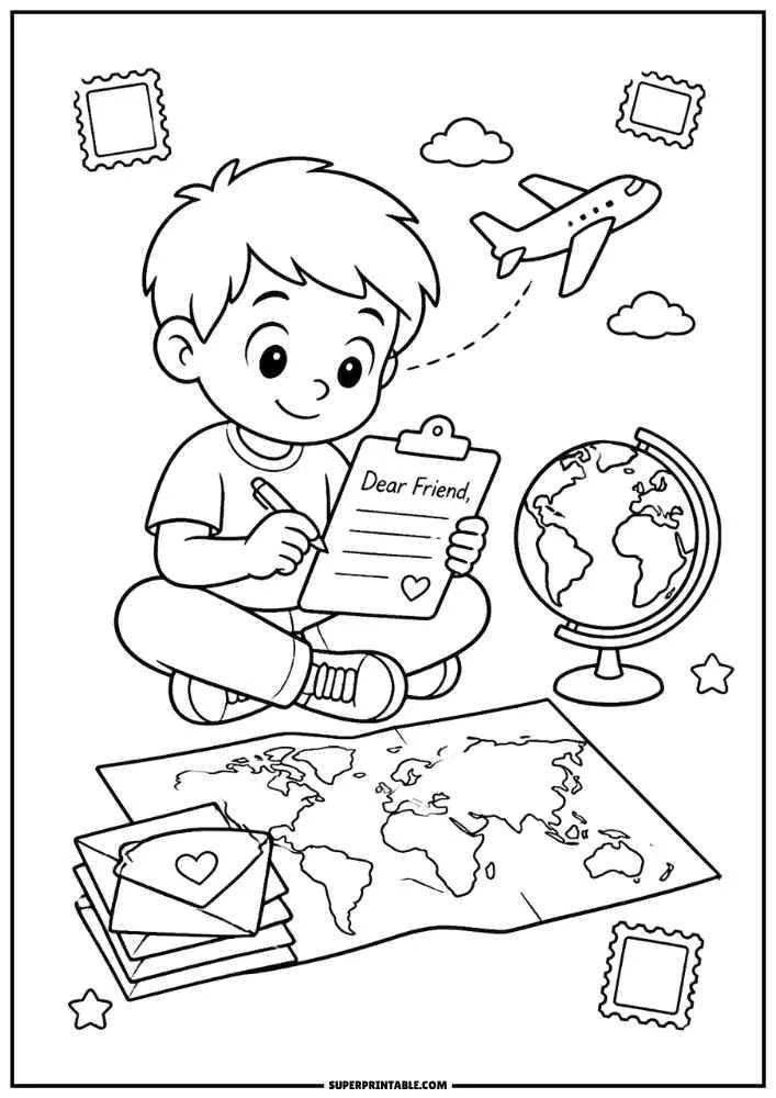 Boy writing a letter with a globe, world map, envelopes, airplane, clouds, and stamps.