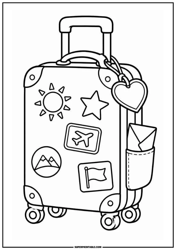 Suitcase with travel stickers, heart tag, side pocket holding a letter, and wheels.