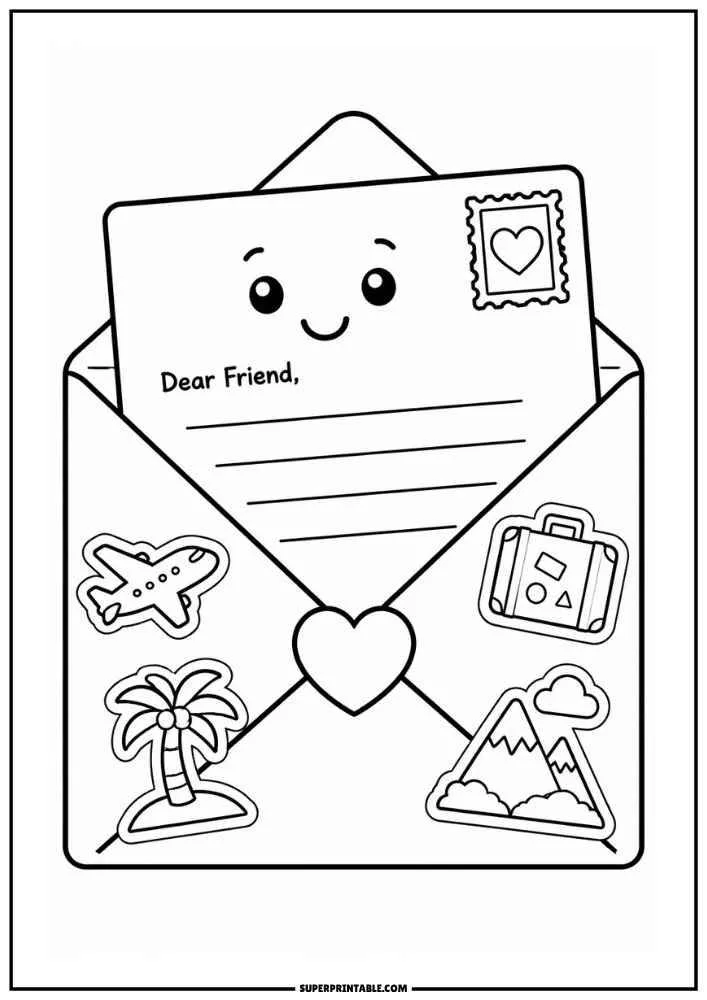 Smiling letter inside an envelope with heart seal, travel stickers, and writing lines.
