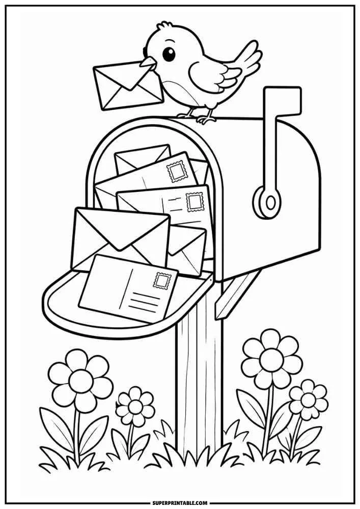 Mailbox filled with letters, bird carrying an envelope, flowers, and mailbox flag.