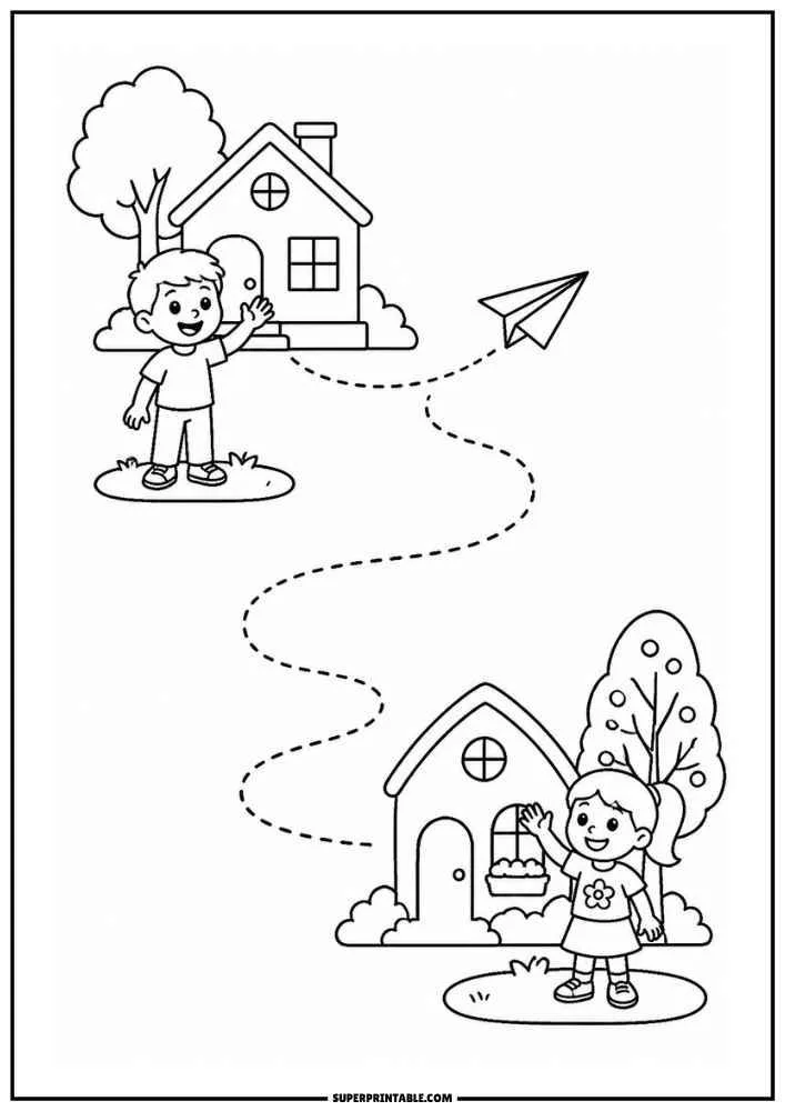 Boy and girl near houses with a flying paper airplane and dotted flight path.