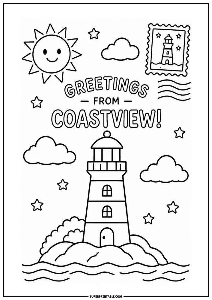 Postcard reading "Greetings from Coastview" with lighthouse, clouds, stars, and stamp.