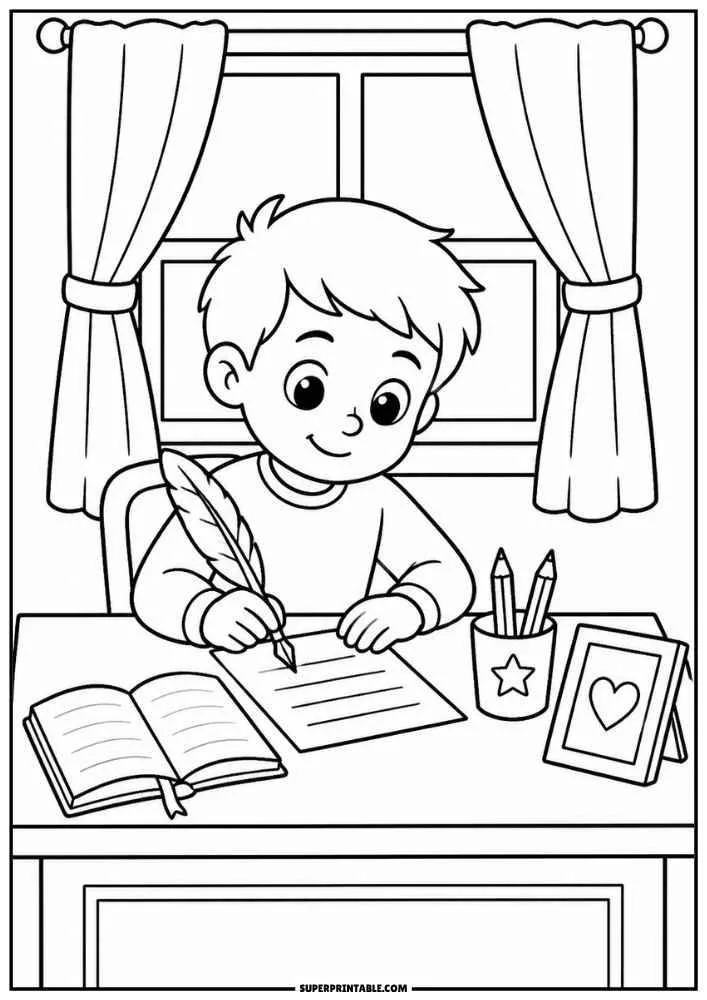 Child writing with a feather pen at a desk with books, pencils, and window.