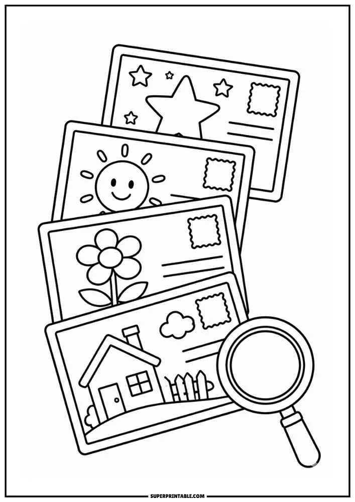 Stack of postcards with sun, flower, house, star, stamps, and magnifying glass.