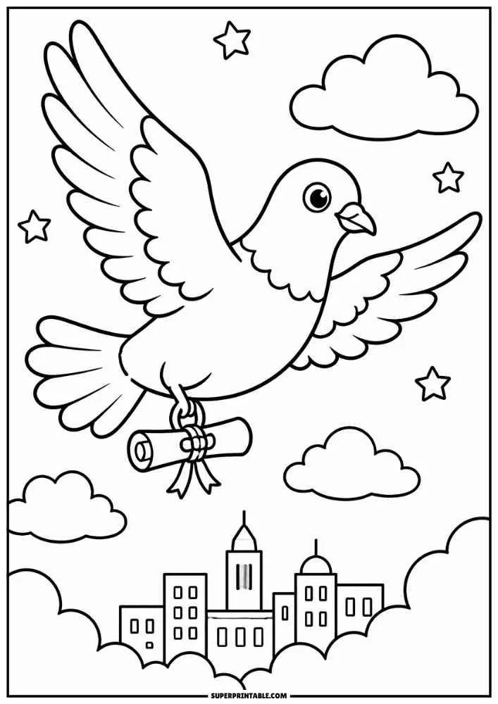 Flying pigeon carrying a rolled letter above clouds and city buildings.
