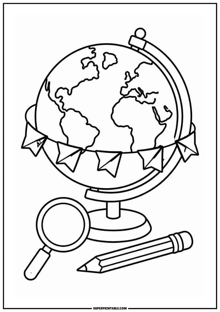 Globe with paper airplanes, magnifying glass, pencil, and paper airplane garland.