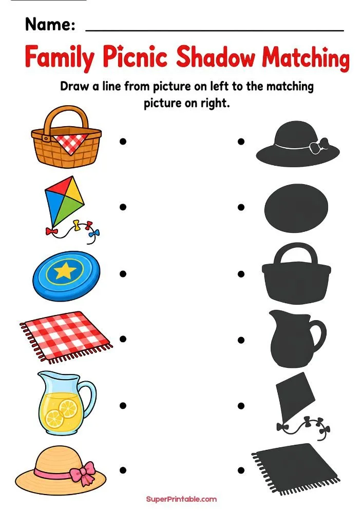 Family picnic shadow matching worksheet featuring picnic essentials and matching silhouettes.