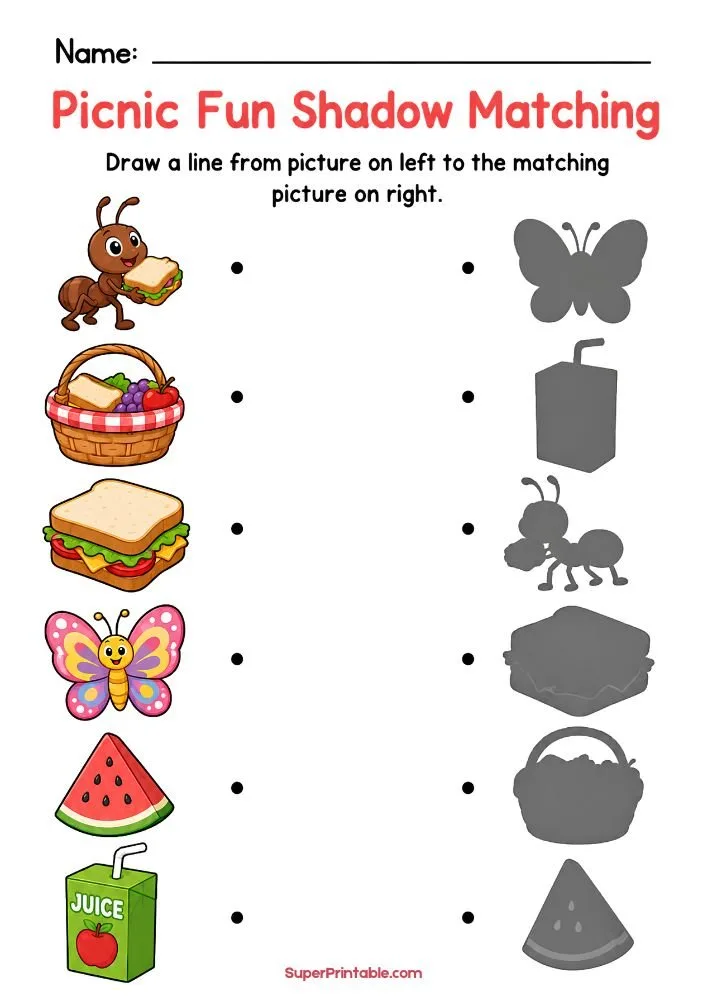 Picnic fun shadow matching worksheet with insects, snacks, fruits, and matching shadow shapes.