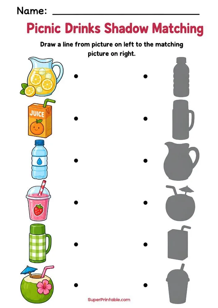 Picnic-themed shadow matching worksheet with various drinks and their silhouettes.