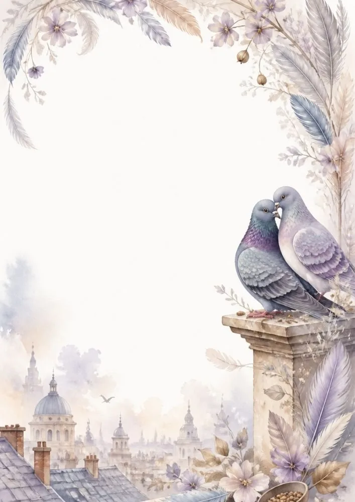 Watercolor washed border page with two pigeons on a stone balcony, surrounded by flowers, feathers, and a misty cityscape.