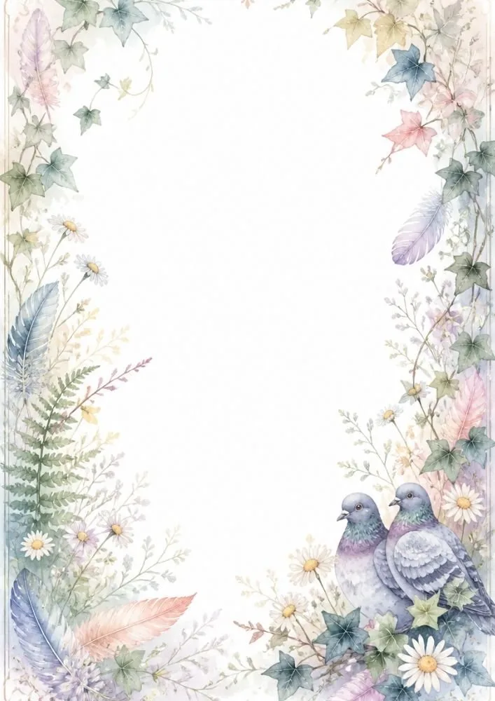 Watercolor washed border page featuring two pigeons surrounded by ivy, flowers, feathers, and botanical details.