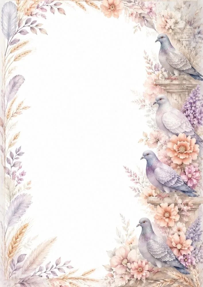 Watercolor border page with multiple pigeons arranged along floral stone columns and pastel blossoms.