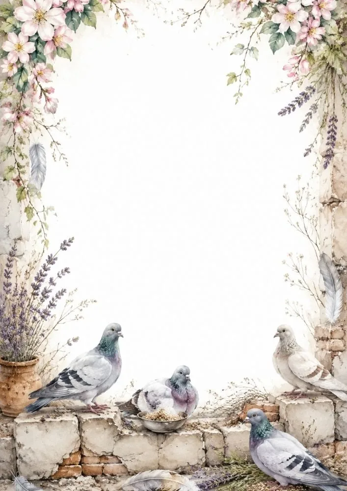 Watercolor washed border page featuring four pigeons in a rustic courtyard framed by flowers and stone walls.