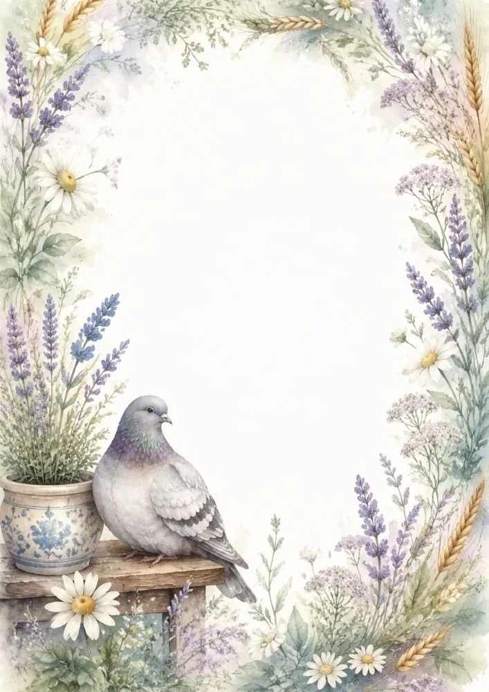Watercolor border page with a pigeon near a lavender flower pot surrounded by daisies and botanical elements.