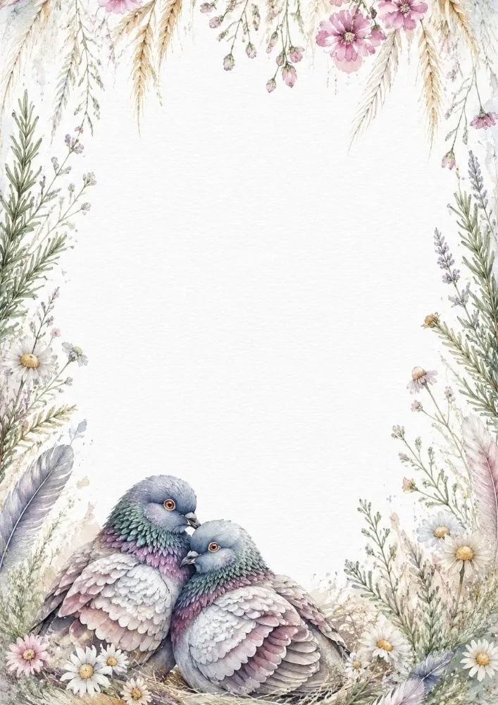 Watercolor washed border page featuring two cuddling pigeons framed by daisies, lavender, feathers, and floral accents.