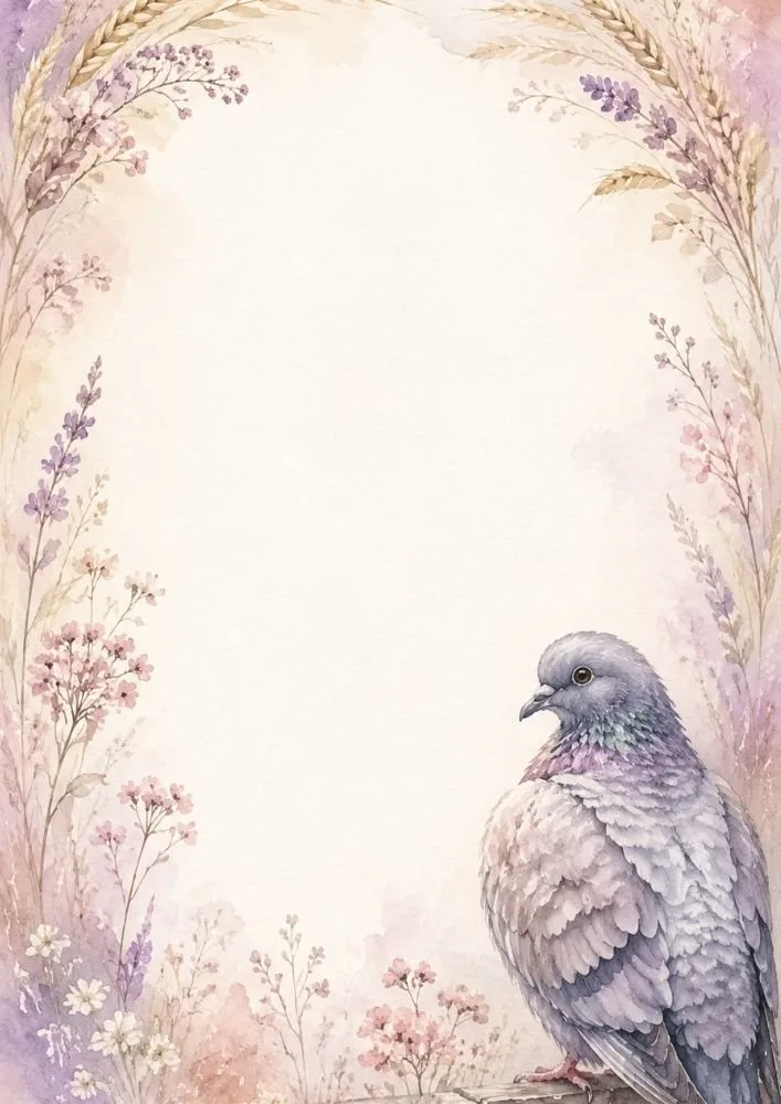 Watercolor washed border page featuring a single pigeon framed by pastel flowers and delicate garden foliage.