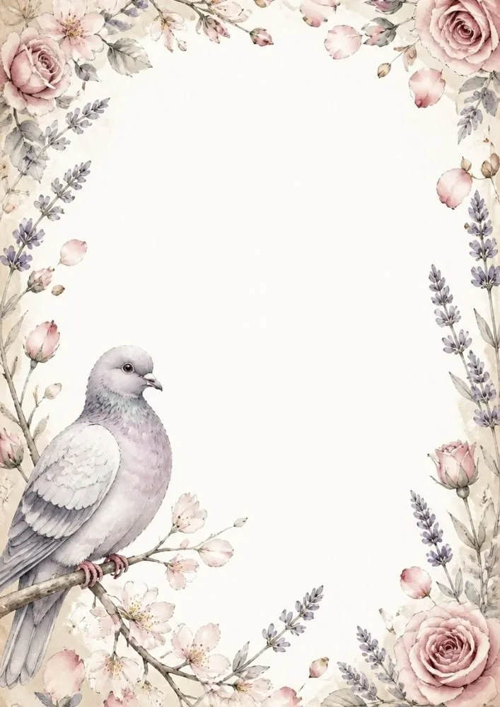 Watercolor border page with a pigeon on a flowering branch surrounded by roses, lavender, and soft floral accents.