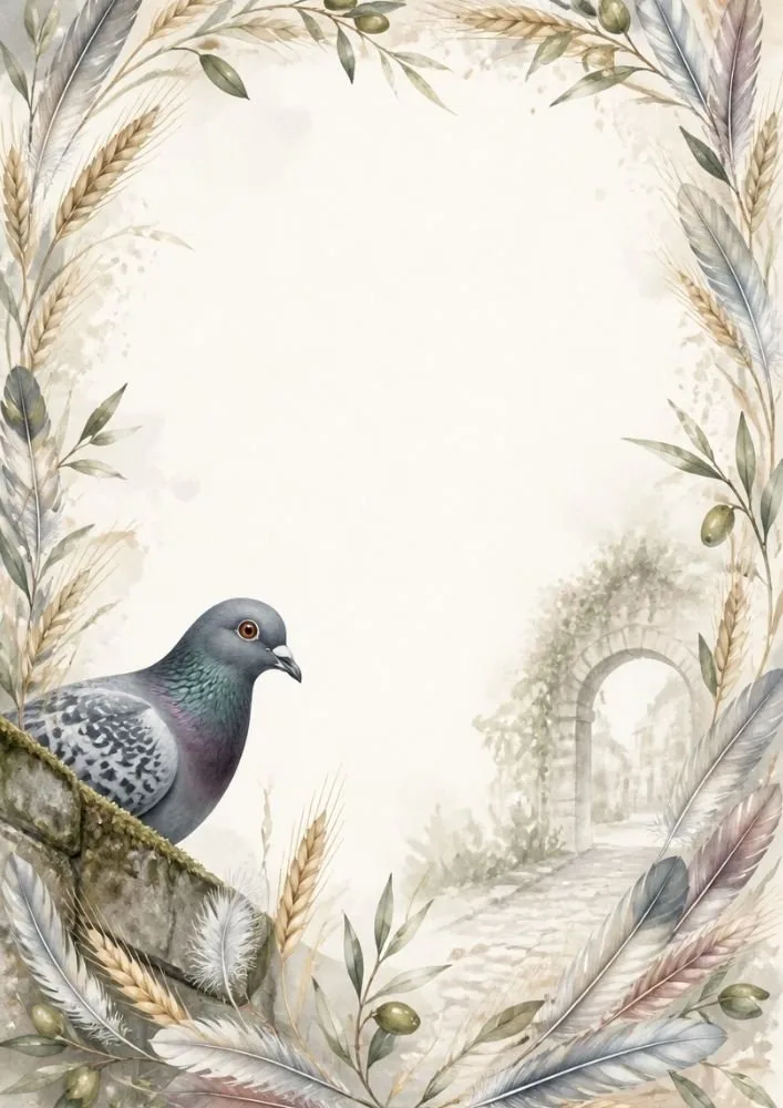 Watercolor washed border page featuring a pigeon near a garden arch framed by feathers, leaves, and botanical details.