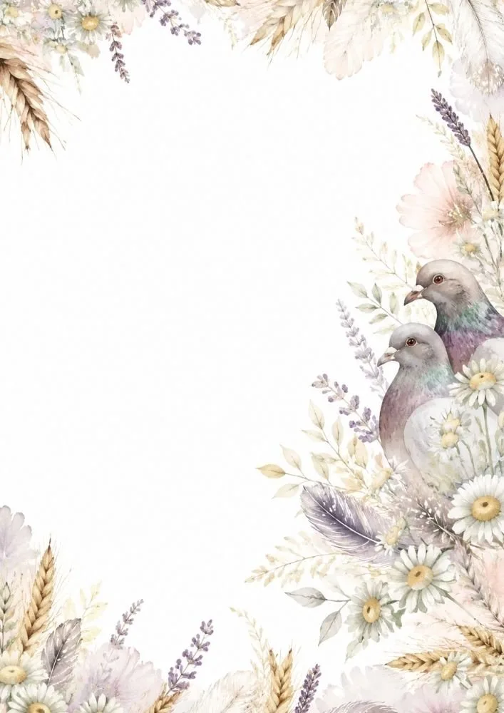 Watercolor border page with two pigeons surrounded by daisies, lavender, feathers, and soft floral arrangements.