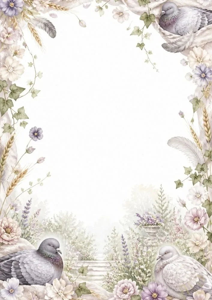 Watercolor washed border page featuring two pigeons in a floral garden with ivy, flowers, and a stone pathway.