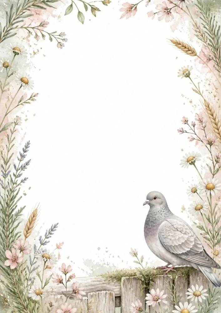 Watercolor border page with a pigeon sitting on a wooden fence framed by daisies, lavender, and meadow flowers.