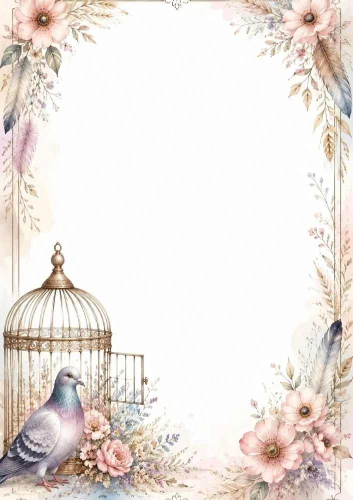 Watercolor washed border page featuring a pigeon beside an ornate birdcage surrounded by pastel flowers.